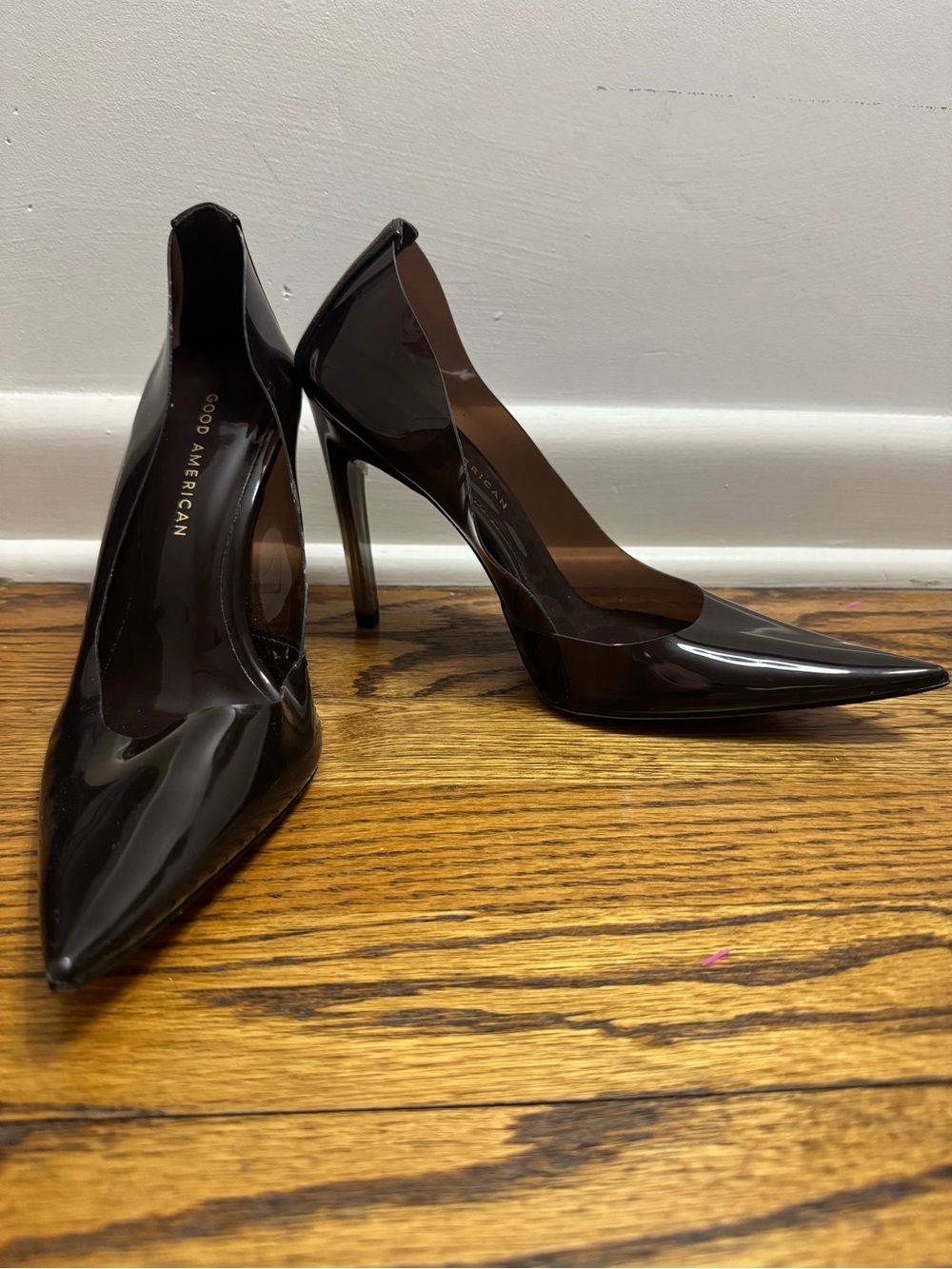 Good American Sheer Brown Patent Pointed-Toe Stiletto Pumps Size 7.5